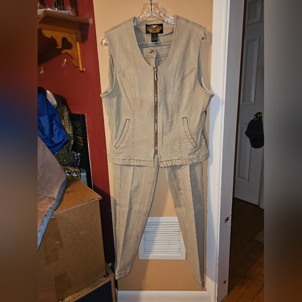 Harley-Davidson Beige Women's Jeans Vest and Pants Set
